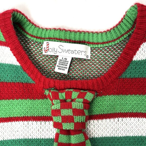 Jolly Ugly Christmas Sweater grn red white stripe faux suspenders EUC Size L - Picture 6 of 14
